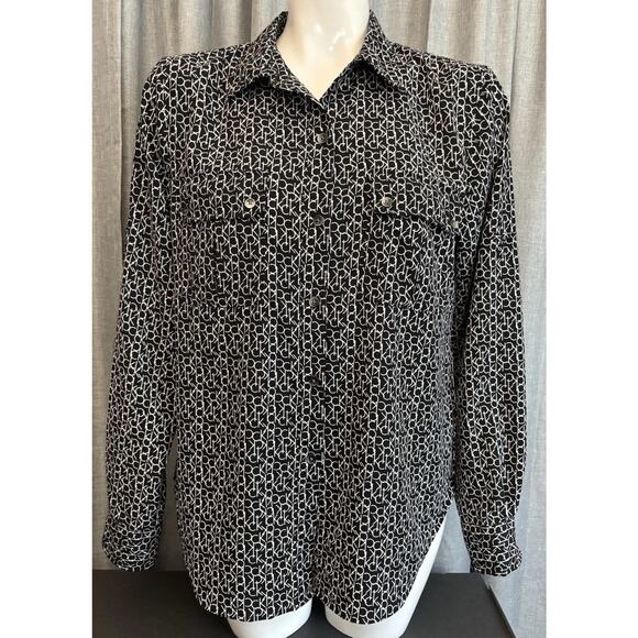 Calvin Klein Black & White CK All Over Logo Women's Long Sleeve Shirt Blouse M - Picture 7 of 16